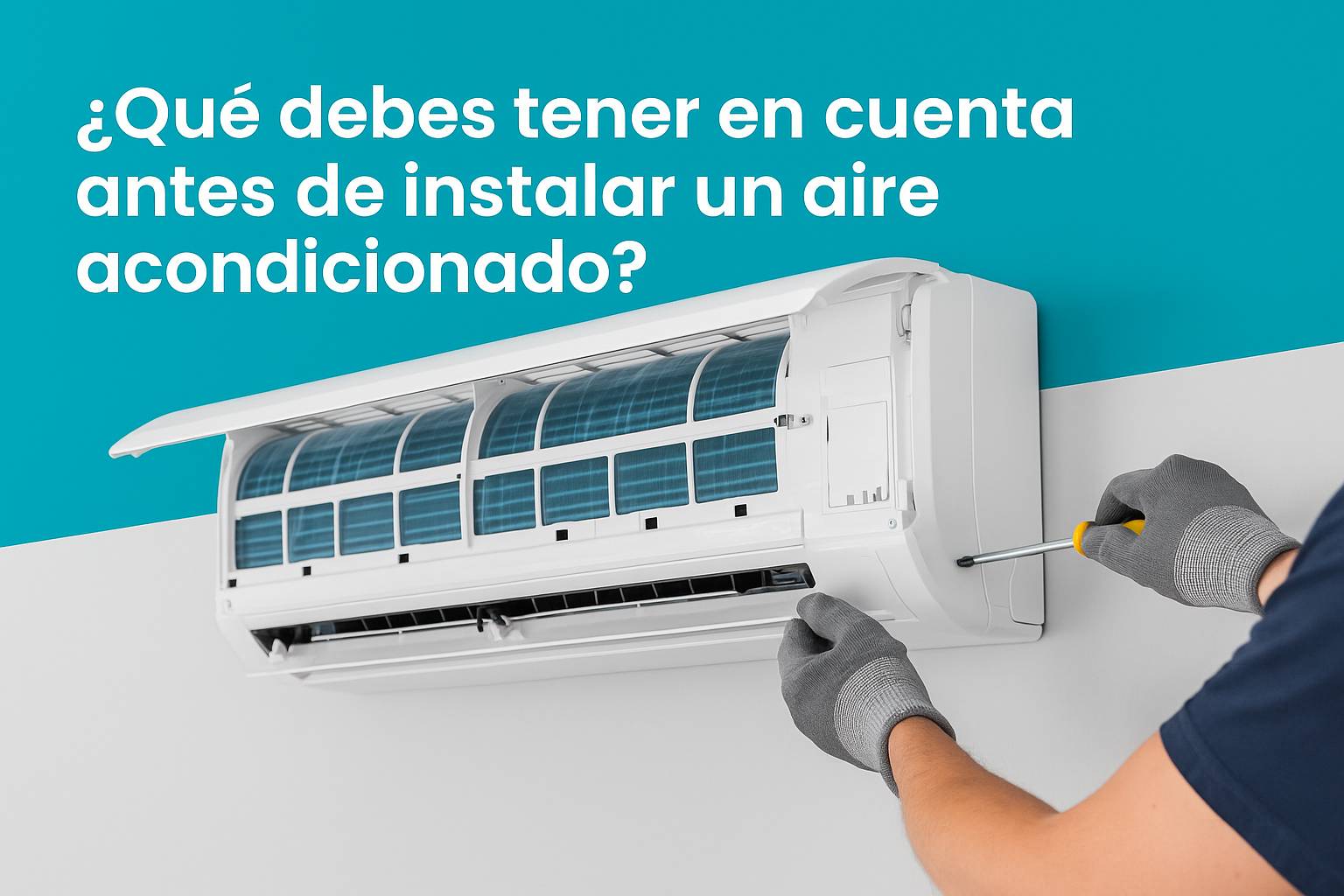 Técnico instalando aire acondicionado tipo split en pared, con herramientas y uniforme, representando un servicio profesional